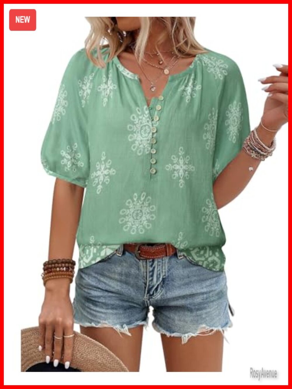 Women's V-Neck Short Sleeve Blouse Floral Boho Casual Button Down Summer Top